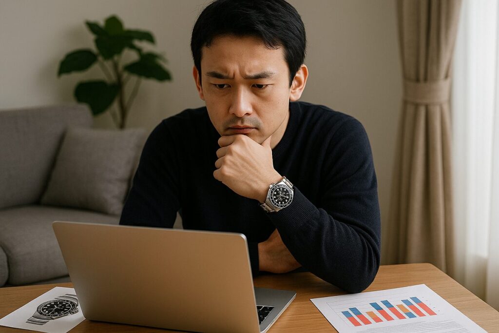 自宅でノートパソコンを見ながらロレックスの購入と資金計画について真剣に考える30代の日本人男性