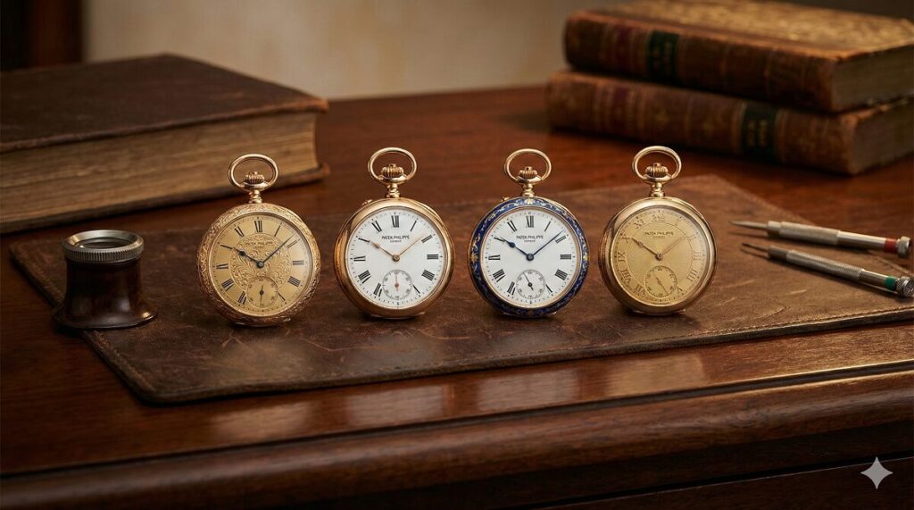4つ並んだパテックフィリップの懐中時計