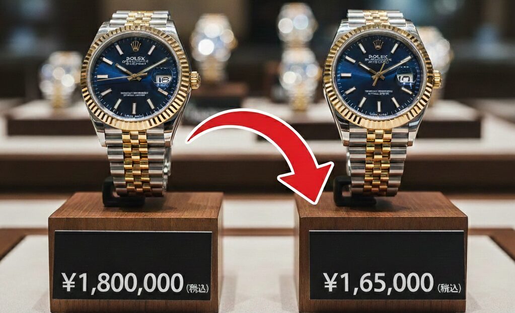 高級時計店のディスプレイに展示された2つのロレックス デイトジャスト。左の時計の下には「定価:¥1,800,000」の価格表示が、右の時計の下には「売却価格:¥1,650,000」の価格表示があり、価格の逆転を示す赤い矢印が左から右へ伸びている。