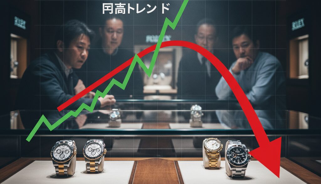 高級時計店のカウンター越しに、陳列されたロレックスの時計を囲んで4人の日本人の男性が話し合っている。上には円高トレンドと相場下落を示すグラフが重なって表示されている。
