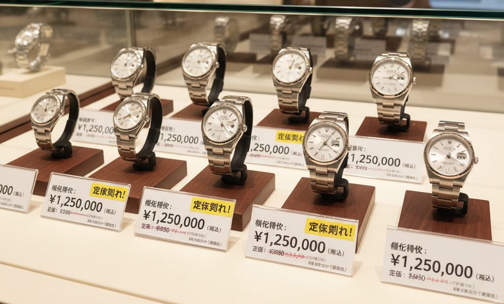 ロレックス正規店のショーケースに並んだ複数のデイトジャストの腕時計。手前にはそれぞれ価格が書かれた札が置かれている。