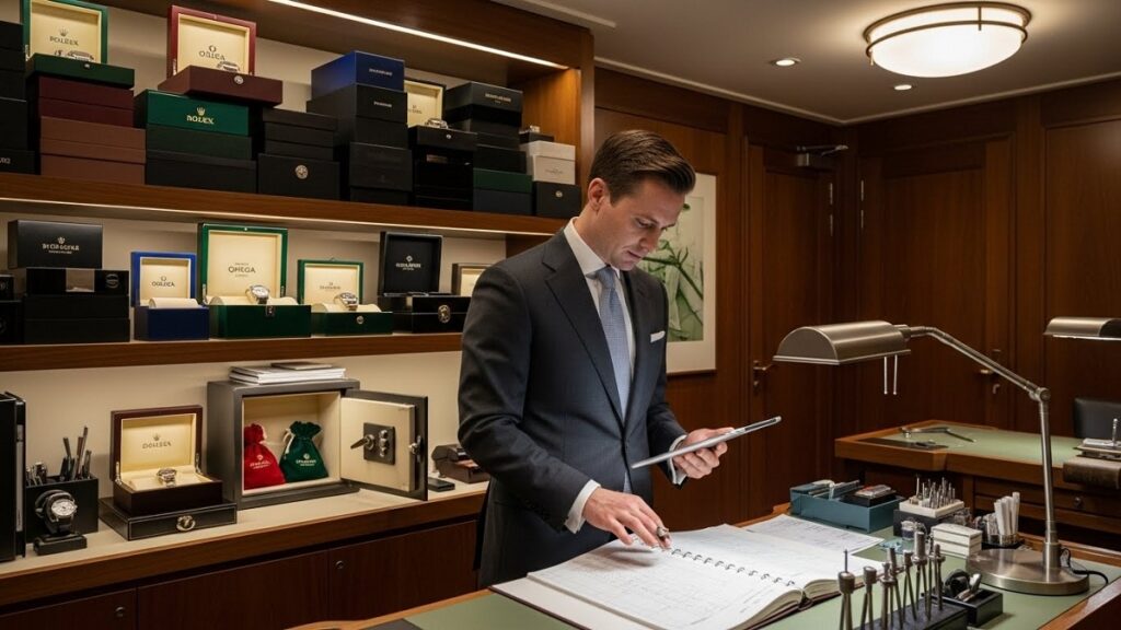 時計店のバックヤードで在庫状況や顧客情報を真剣に確認するスーツ姿の店員