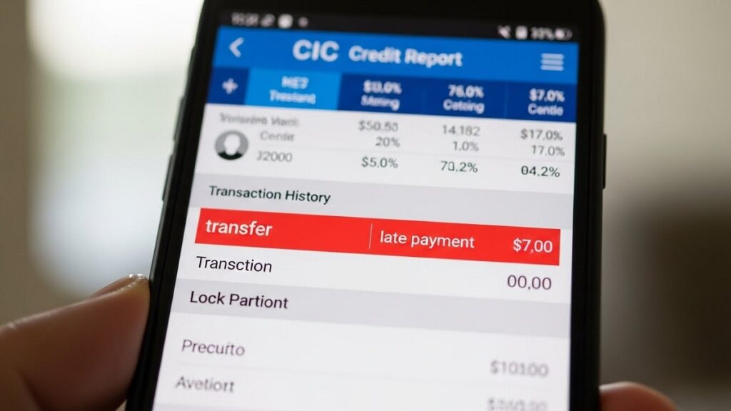 スマートフォンの画面に表示されたCICの信用情報開示報告書。支払い遅延を示す「異動」の文字が赤く強調されている