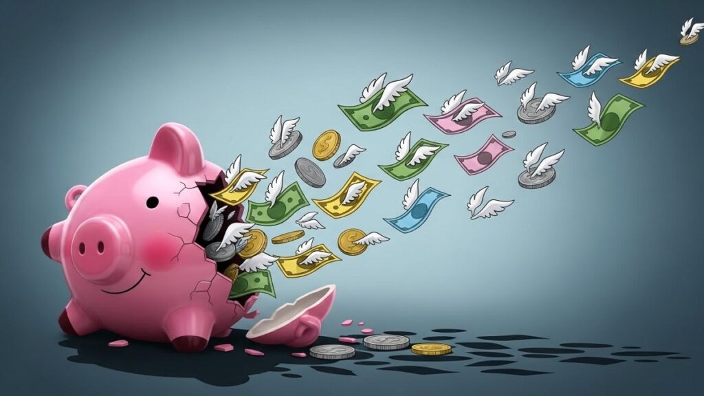 貯金箱のフタが大きく開いてしまい、そこからお金が逃げていく様子を描いたイラスト。定価改定による経済的な負担を表現。