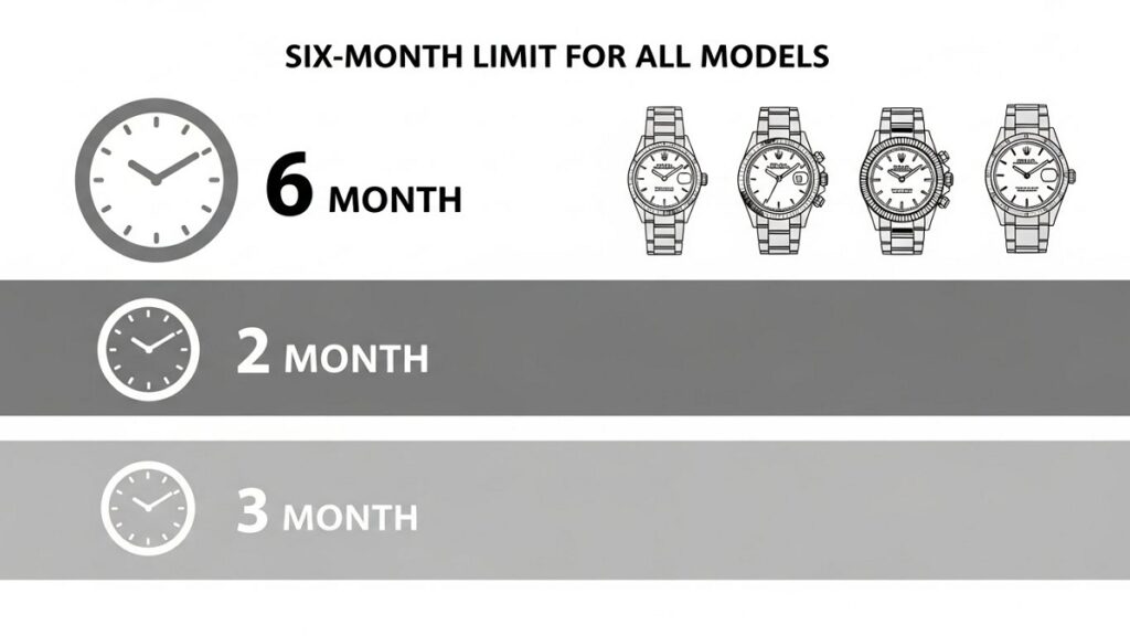 ロレックスの3層構造の購入制限ルールを視覚化したインフォグラフィック。全モデル6ヶ月、指定モデル1年、同一Ref番5年の各レイヤーを示している