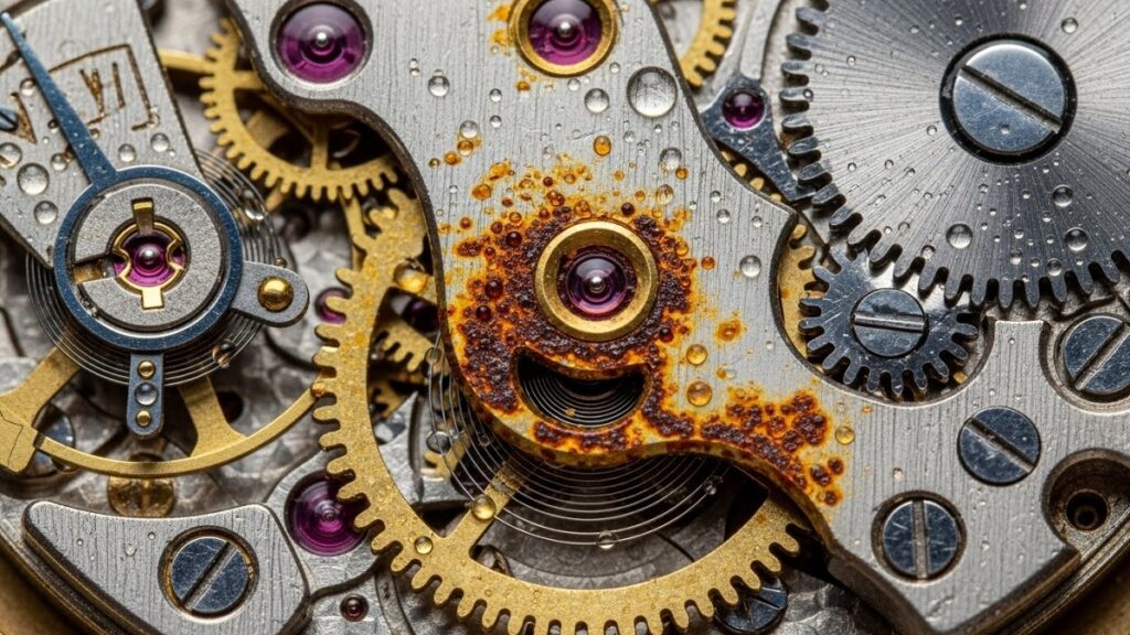 水没によりムーブメント内部に赤錆や水滴が発生しているアンティークウォッチの断面図またはクローズアップ。