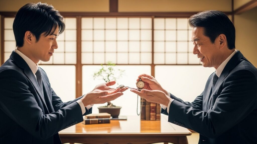 大切な時計を次の世代に受け継ぐために息子に手渡す日本人の父親