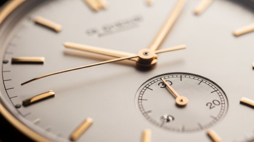 シンプルで洗練されたデザインが特徴の廃盤モデルRef.5196風の文字盤アップ