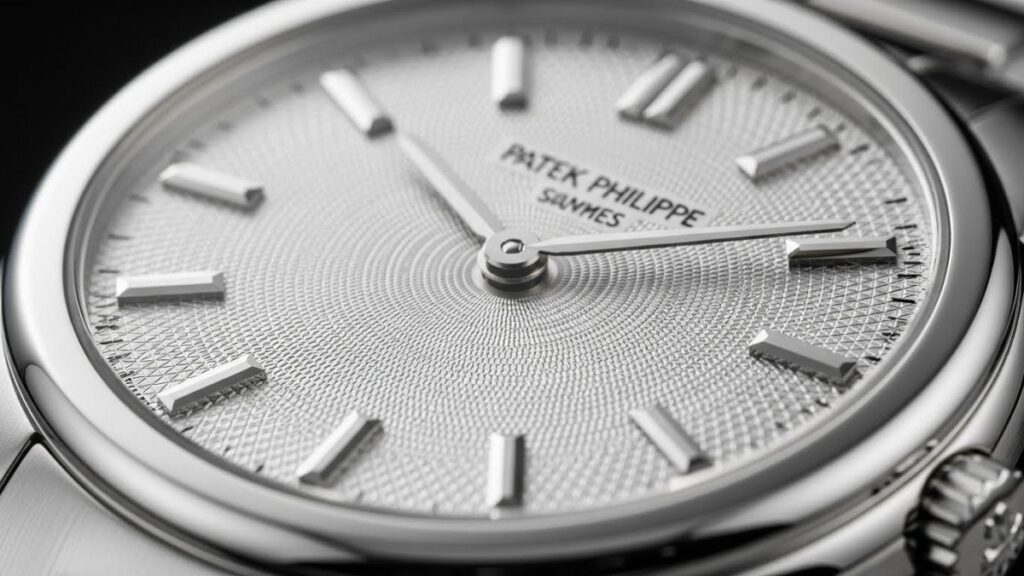 パテックフィリップのN級品スーパーコピー時計の接写画像。精巧な文字盤の質感とステンレスケースの輝きが強調されている