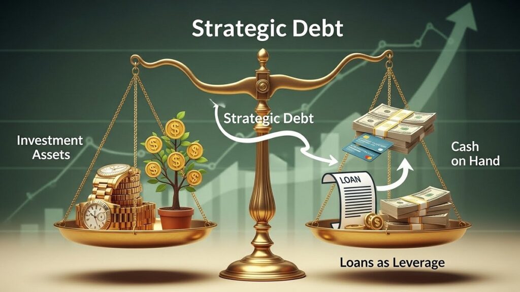 現金を手元に残し、ローンをレバレッジとして活用してロレックスや投資資産を増やす「戦略的借金」の概念図