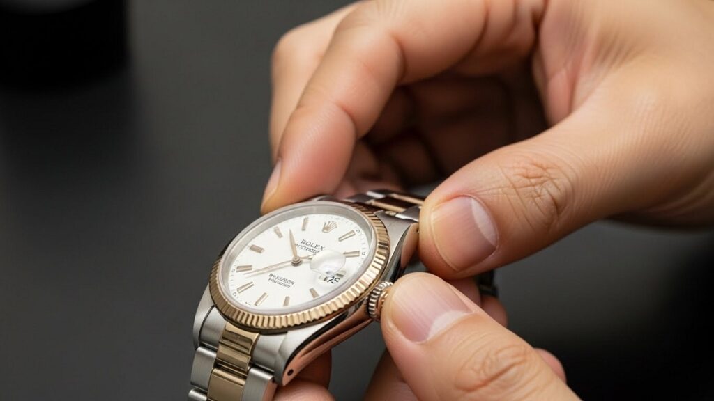 オイスターデイト プレシジョン(手巻きモデル)のリューズを毎日巻き上げている日本人男性の手元。実用上の手間のイメージ。