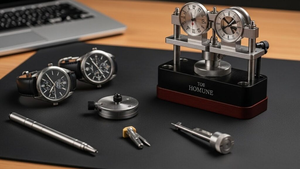 高級腕時計のコレクションと精密な時計工具が置かれた書斎の風景