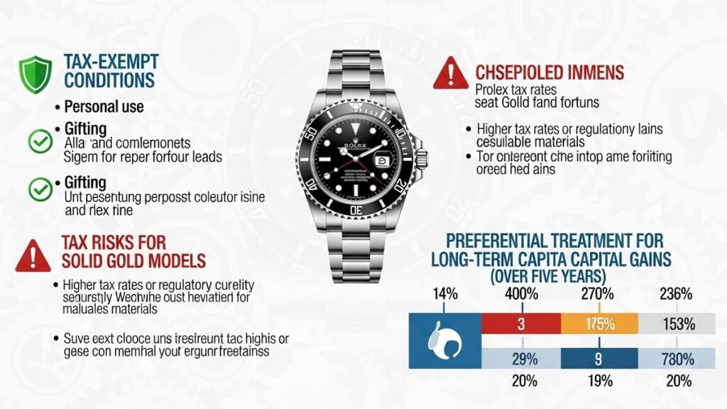 ロレックス売却益にかかる税制を図解したインフォグラフィック。非課税の条件、金無垢モデルの課税リスク、長期譲渡所得(5年超)の優遇措置を分かりやすく示している。