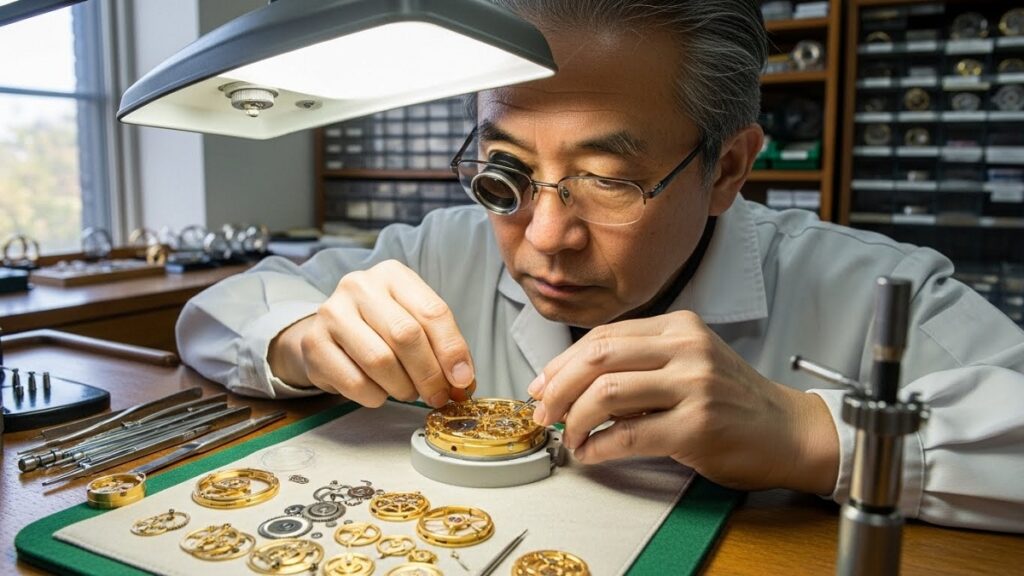 高度な技術を持つ職人が、精密な工具を用いて高級時計のメンテナンスを行う様子