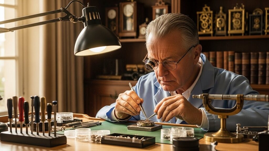 ジュネーブの伝統的な工房で最高級の機械式時計を組み立てる熟練の時計師。