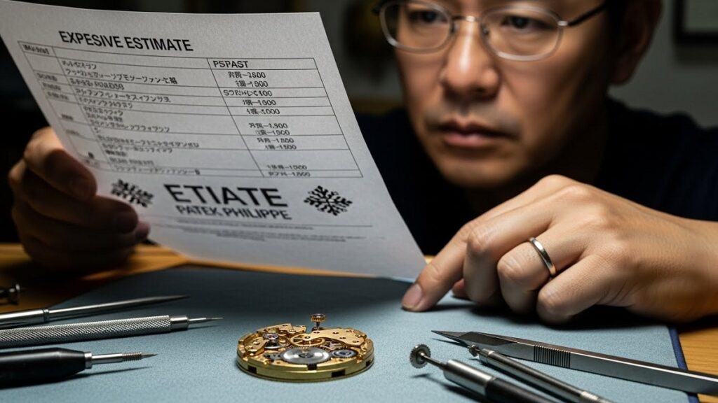 パテック フィリップの複雑なムーブメントが分解修理(オーバーホール)されている様子と、その高額な見積書を見ている日本人オーナー