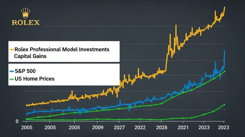 ロレックス投資と株式・不動産の利回り比較インフォグラフィック。プロフェッショナルモデルの高い流動性、インフレ耐性、円安ヘッジ機能、そして驚異的なキャピタルゲインを、S&P500や米国住宅価格の推移と比較して図解