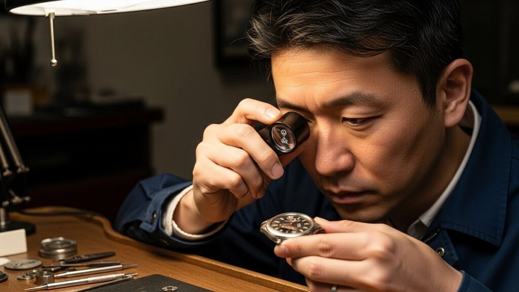 アンティークロレックスの風防にある微細な王冠透かしをルーペで確認し、真贋を判定する日本人男性の手元