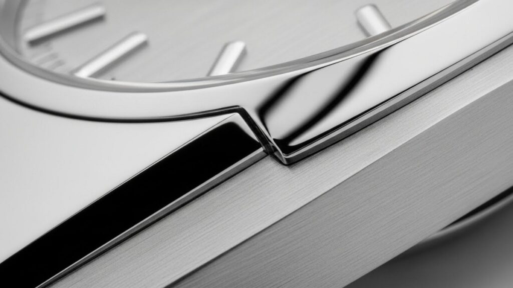 職人の手作業による鏡面磨きとサテン仕上げのコントラストが美しい腕時計のケース面。