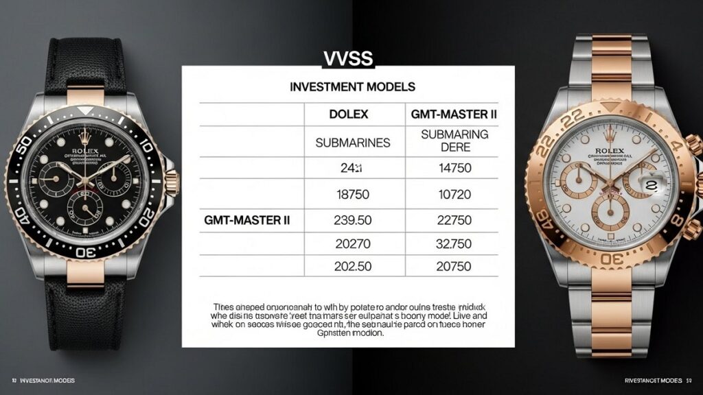 ロレックス投資のおすすめモデル3選。キング・オブ・クロノグラフのデイトナ、ダイバーズの原点サブマリーナー、パイロットウォッチのGMTマスターIIを、それぞれの代表モデル画像と投資に適した理由と共に紹介する比較表