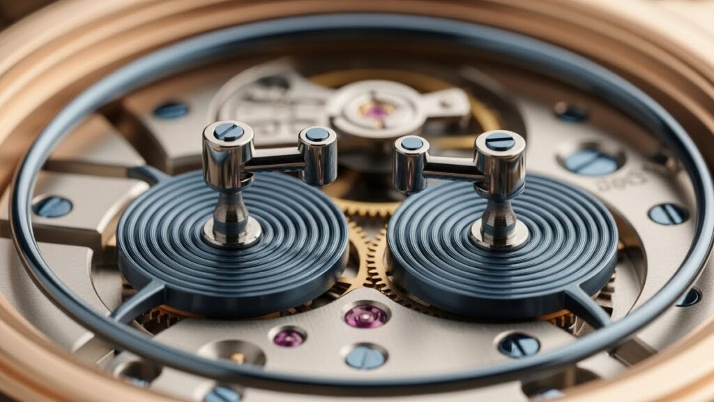 美しい音色を奏でるミニット・リピーターのゴングとハンマー機構の近接写真