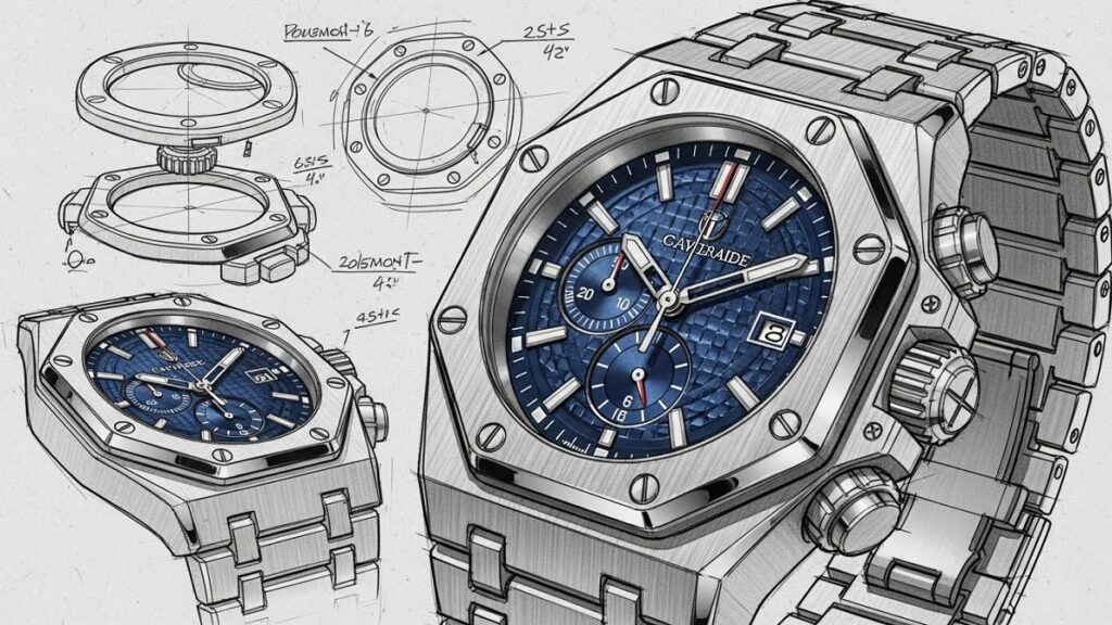 船の舷窓から着想を得た八角形のラグジュアリースポーツウォッチのデザインスケッチ