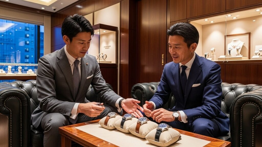 高級時計ブティックのプライベートラウンジで接客を受ける日本人男性