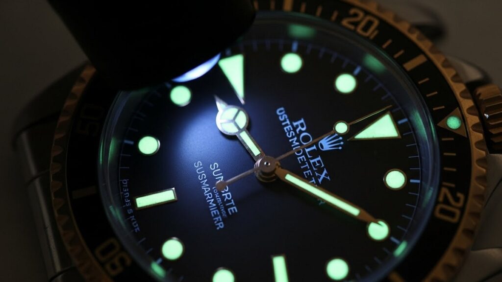 アンティークロレックスの文字盤にブラックライトを当て、トリチウム夜光が瞬時に光を失う様子をチェックする真贋判定のテスト風景