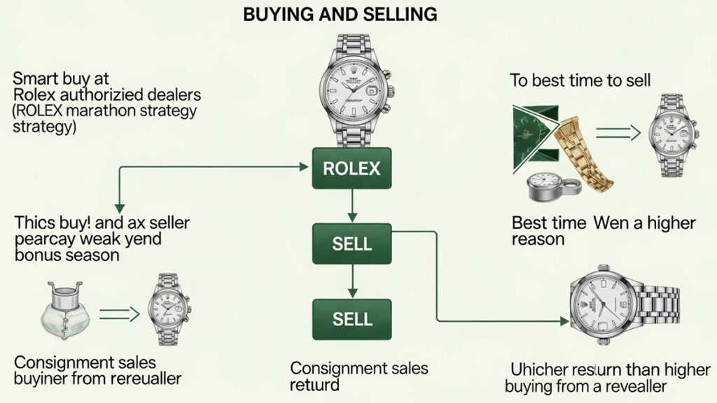 ロレックス投資の利回りを最大化するための売買戦略フローチャート。正規店での賢い買い方(ロレックスマラソン攻略)から、円安やボーナスシーズンを狙ったベストな売り時、そして買取よりも手取り額が多くなる委託販売の推奨までを視覚的に解説。