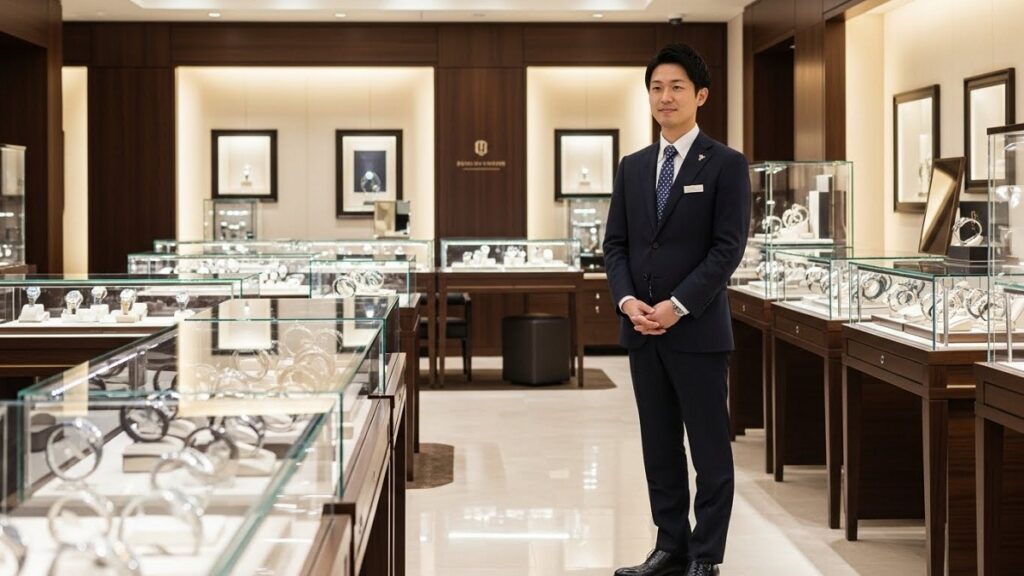 高級時計ブティックの店内に立つスーツ姿の日本人販売員