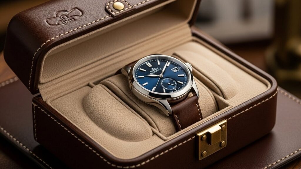 資産価値を守るためにレザーケースに収められ厳重に保管された高級腕時計