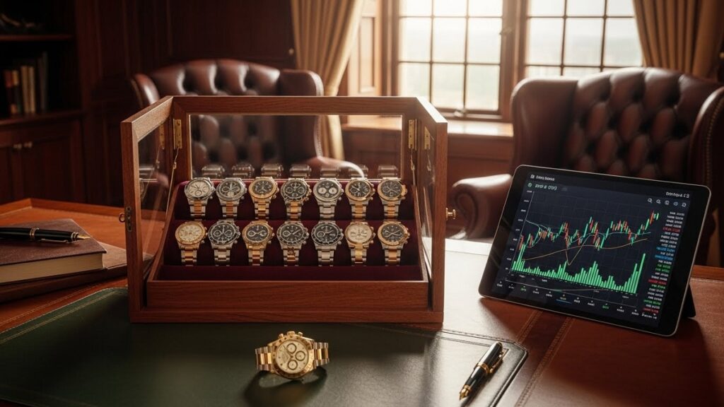 資産価値の高いロレックスの腕時計(デイトナ、GMTマスターIIなど)と市場分析データが表示されたタブレットが置かれた高級な書斎の様子。