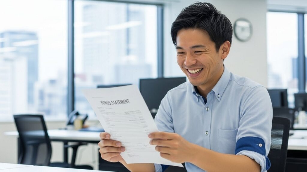 ボーナスの支給額を見て喜びの表情を浮かべる日本人男性スタッフ