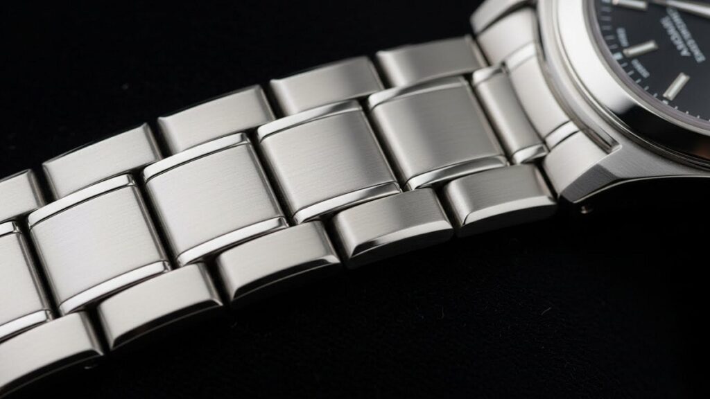 ホワイトゴールド特有の重厚な輝きを放つ高級時計のメタルブレスレット。