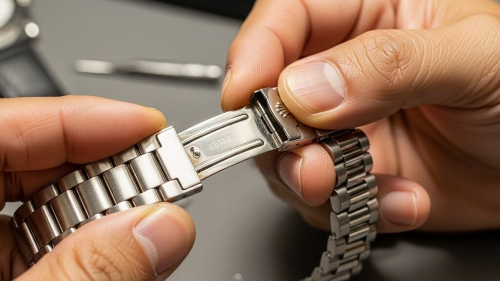 1960年代のロレックスのリベットブレス(中空構造)を手に取り、その軽さと構造、クラスプコードを確認する日本人男性の手元