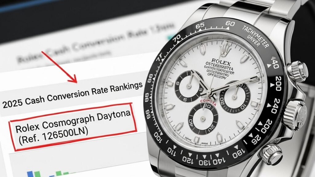 2025年の換金率ランキングでトップのロレックス コスモグラフ デイトナ 白文字盤(Ref. 126500LN)のクローズアップ写真。