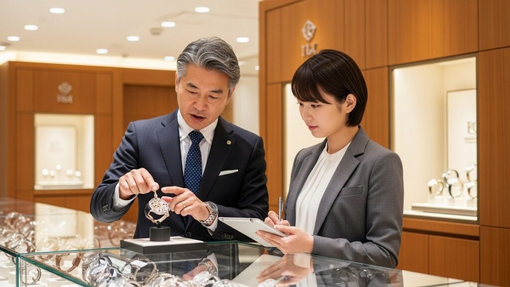 若手スタッフに業務指導を行うベテランの日本人時計販売員