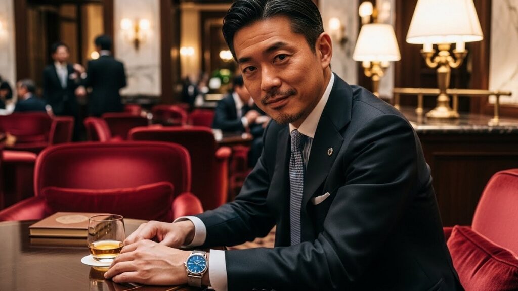 高級ホテルのラウンジでパテック フィリップ ゴールデン エリプスを着用し、優雅に時を刻む日本人男性