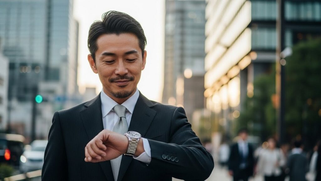 パテック フィリップの腕時計を傷つけないよう慎重に扱いながら、普段使いを楽しんでいる様子の日本人男性