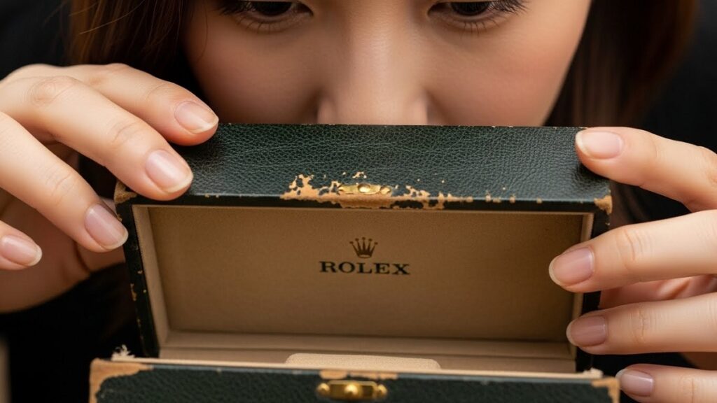 日本人女性が古いアンティークロレックスの箱を開け、匂いを嗅いでいるクローズアップ。箱の古い質感に焦点を当てる