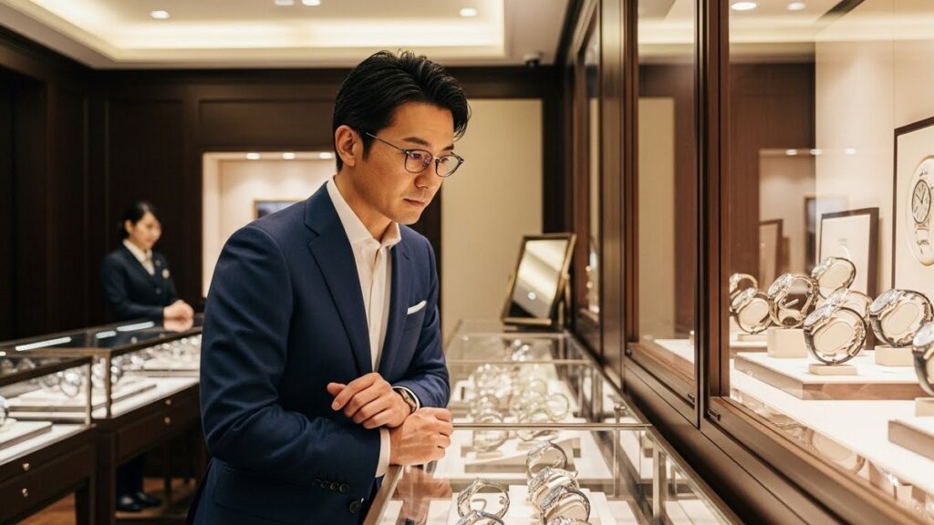 高級時計ブティックの店内で、展示された時計を熱心に眺めるスーツ姿の日本人男性。