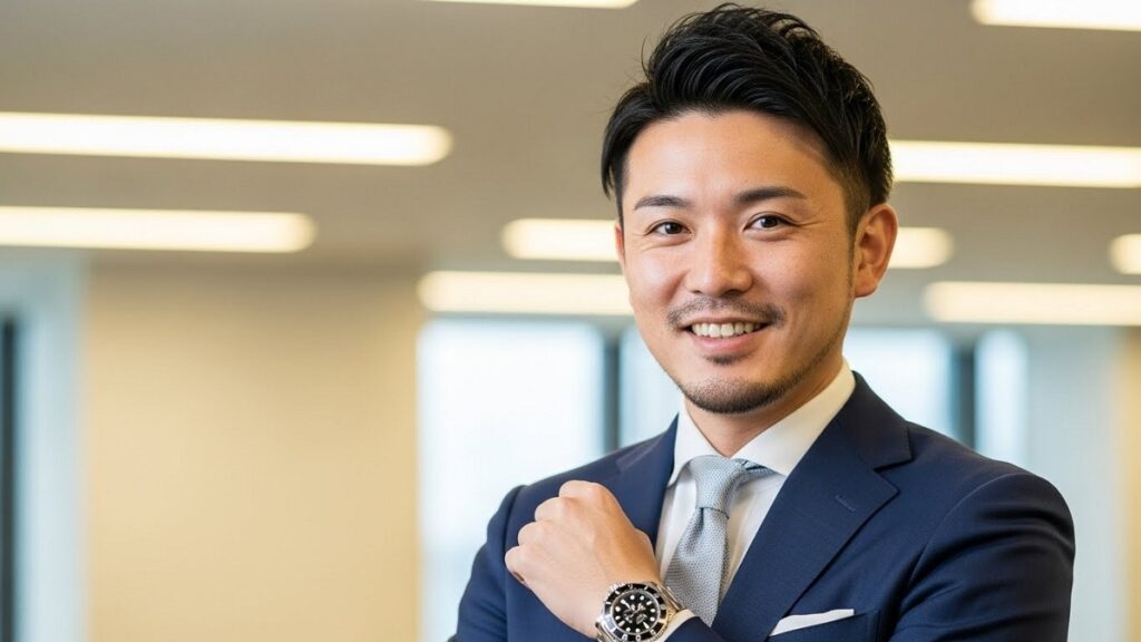 ロレックスを身につけ、自信に満ちた様子で微笑むスーツ姿の日本人男性。
