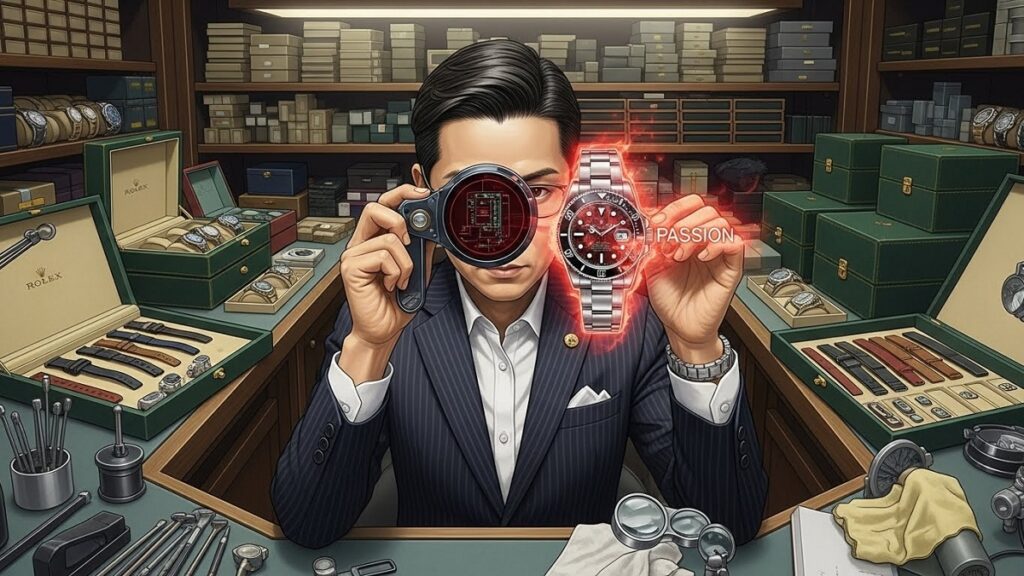 高級時計店のバックヤードで、人気モデルのロレックスを顧客の熱意を見極めるフィルター越しに覗き見る店員（日本人）のイラスト。