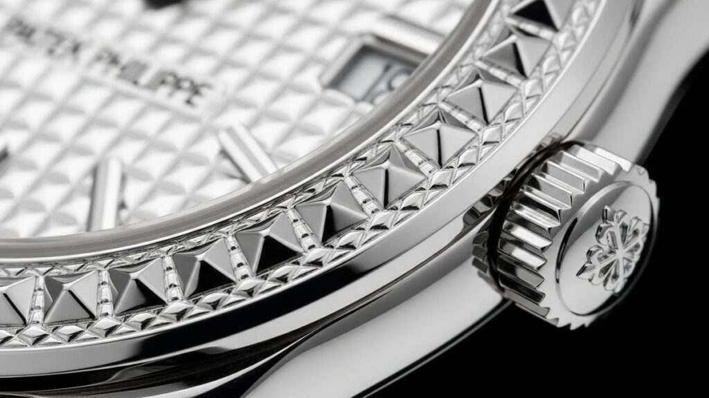 パテック フィリップの伝統的な装飾美であるクル・ド・パリ・ベゼルの拡大。