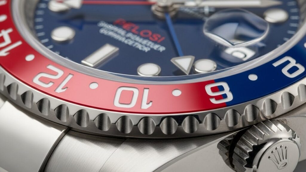 製造難易度が高く廃盤が噂される、ロレックス GMTマスターII「ペプシ」の赤青セラミックベゼルのクローズアップ写真。