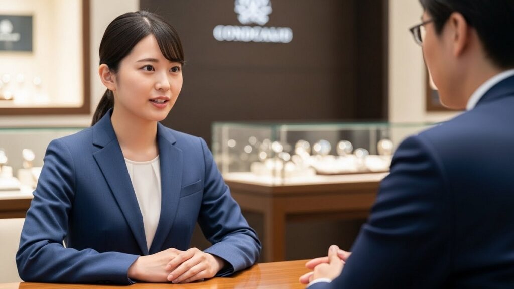 時計販売店の採用面接で誠実に話す日本人女性の求職者