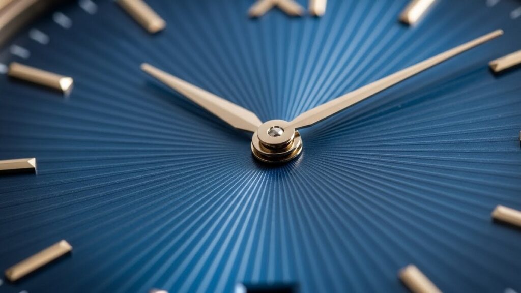 光の干渉によって深淵な輝きを放つ18Kブルーゴールド文字盤のサンバースト仕上げ