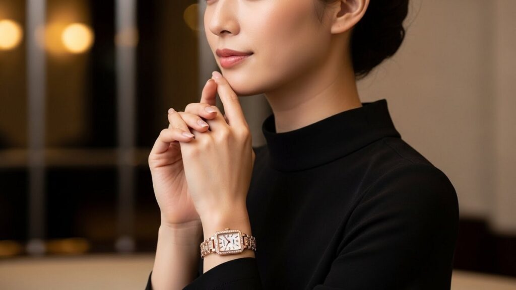 洗練された装いの日本人女性の腕に輝く、ダイヤモンドをあしらったレクタンギュラーケースの高級クォーツ時計