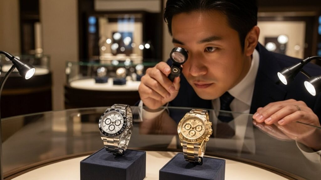 高級時計店のショーケースに並ぶロレックスデイトナのステンレスモデルとコンビモデルを比較検討する日本人男性