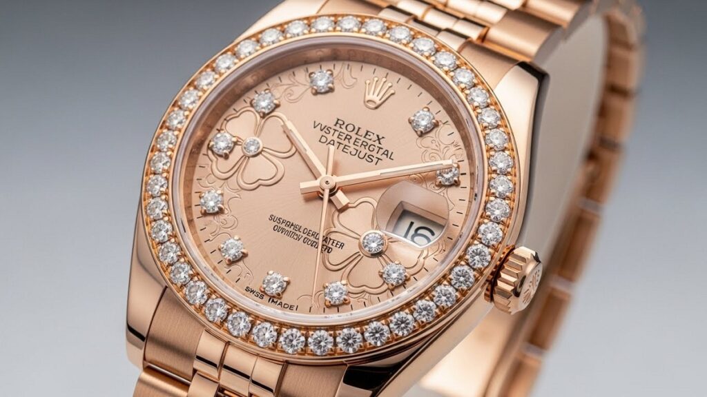 資産価値が上昇しているレディースロレックスの例。エバーローズゴールドのコンビ、ダイヤモンドベゼル、フラワーモチーフ文字盤を備えたデイトジャスト。